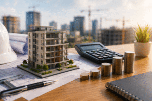 Construction site with financial planning documents illustrating the stages of development finance from land purchase to project completion
