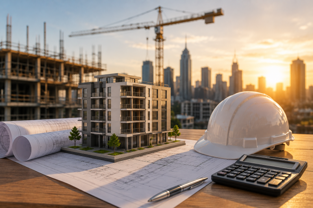 Property developer reviewing finance plans and feasibility reports for a residential development project in Australia